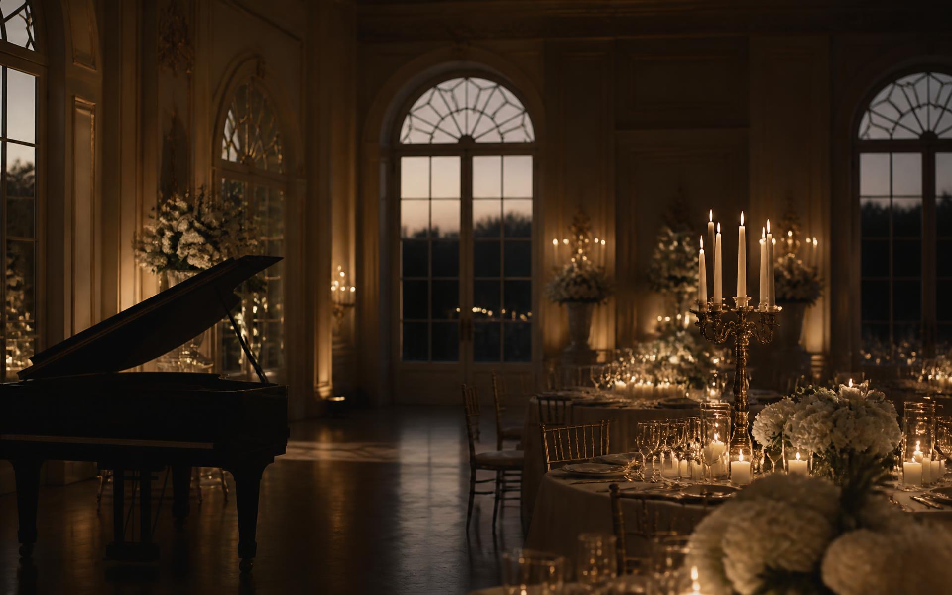 Candlelit luxury reception at a mountain estate at dusk